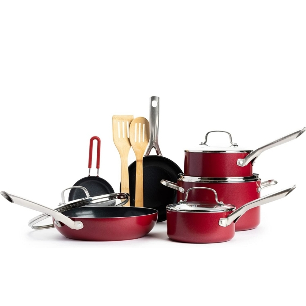Red Volcano Textured Ceramic Nonstick, 12 Piece Cookware - New in Box